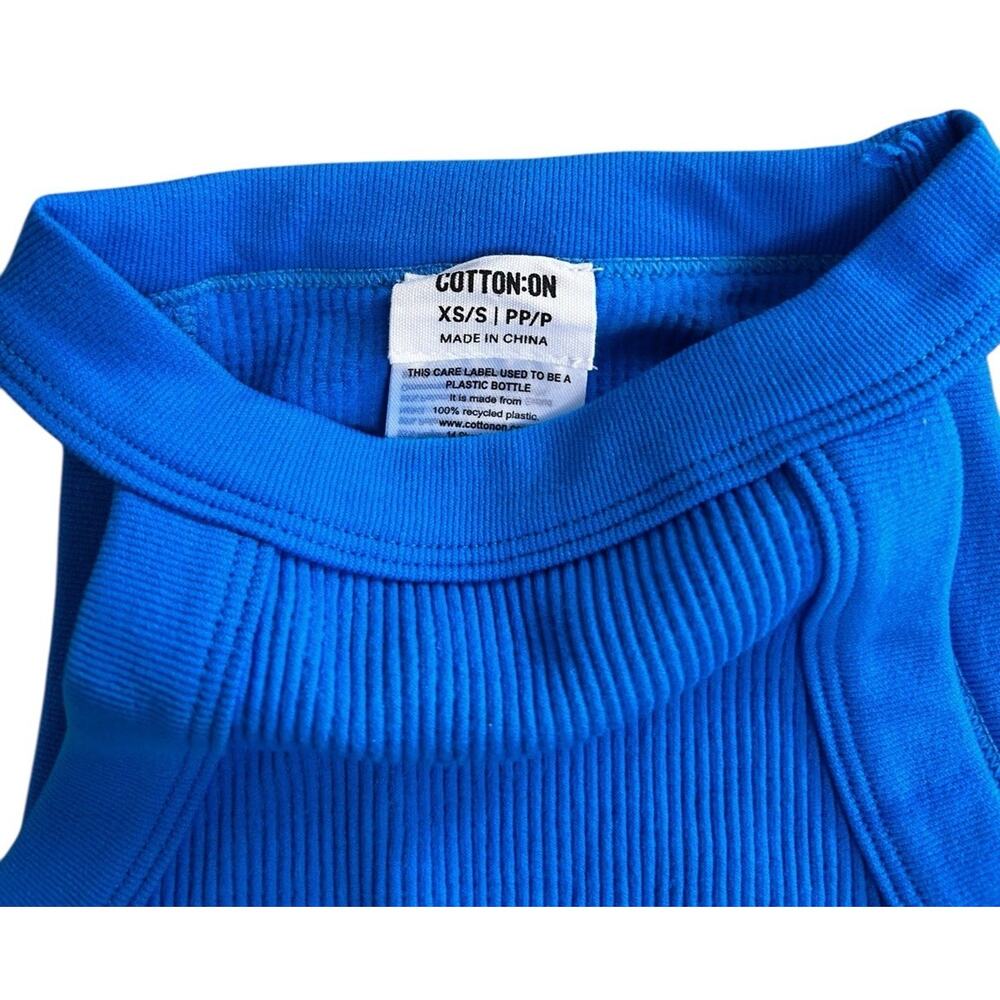 Cotton On Blue Ribbed Crop Tank Top Sz XS/S High Neck Stretch - Picture 2 of 5